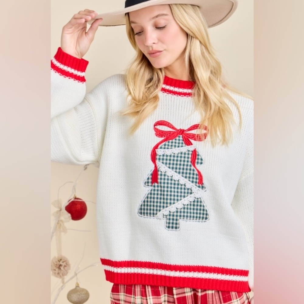 Gingham Christmas Tree Patchwork Sweater With Emb… - image 3